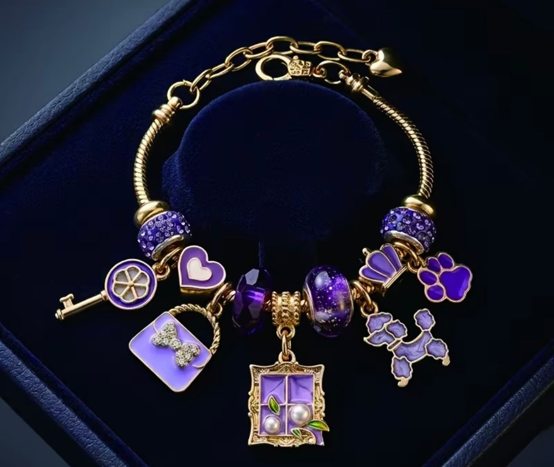 Purple Luxury Beaded Charm Bracelet for Women, Cute Dog Heart Pendant, Fashion Adjustable Bangle, Aesthetic Jewelry Gift for Friends