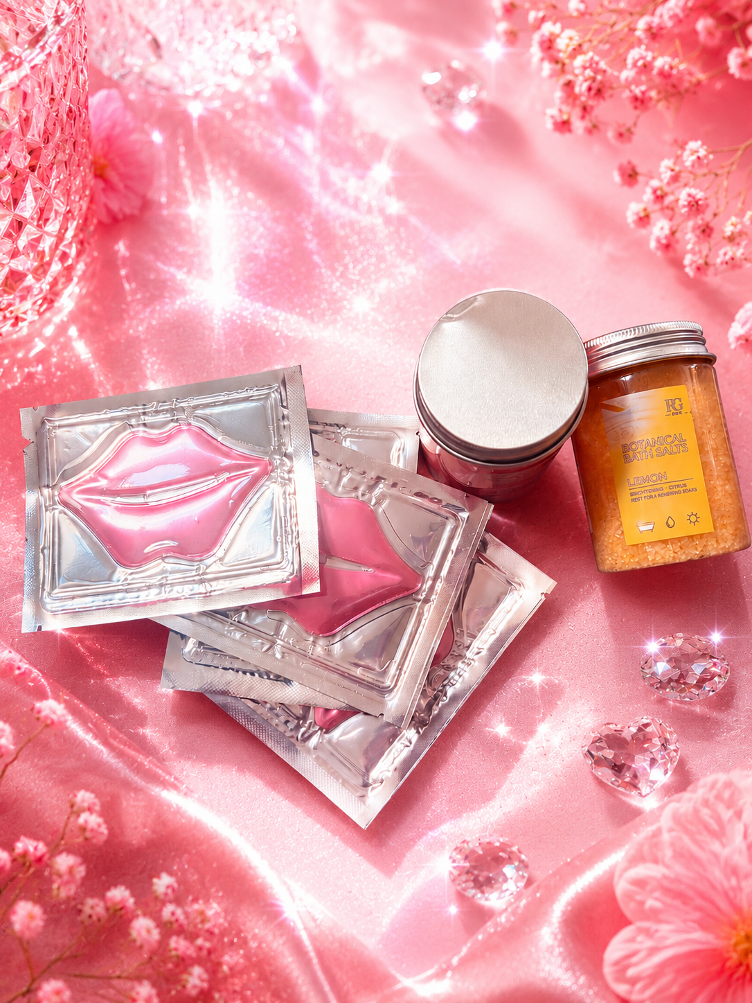 4PCS Crystal Collagen Lip Mask Lips Plumper Pink Lip Patches Moisture Nourishing Essence Korean Cosmetics Skin Care for Beauty/ WITH 2 FREE Rainbow Color Body Scrub Bath Salt/Foot Soak Salt ONLY With Order