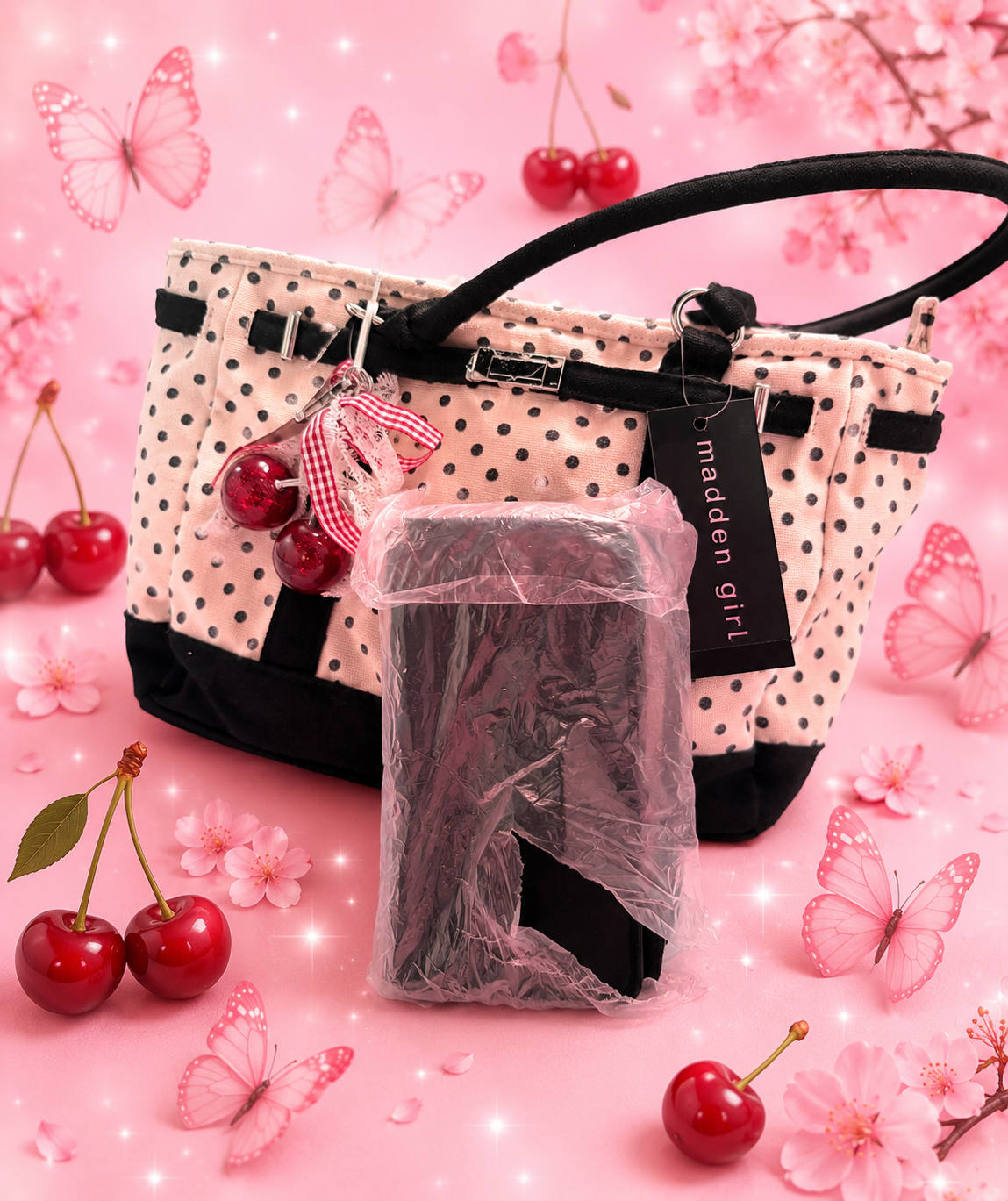 NewArrival:MADDEN GIRL PolkaDotStyle CherryCharm 🍒 with wallet EverydayBag CuteAccessories 🦋🍒ShopSmall FashionLover- LIMITED EDITION 😱