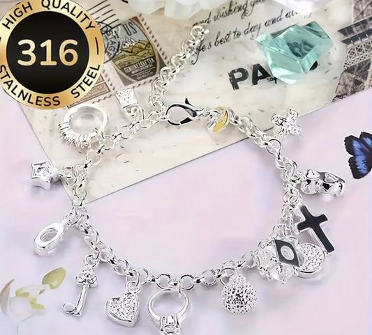 Stainless Steel 316 Hypoallergenic Bracelet Series Featuring Cross Star And Key Designs Elegant And Fashionable Perfect for Luxury Gifts for Women at Parties Silvery