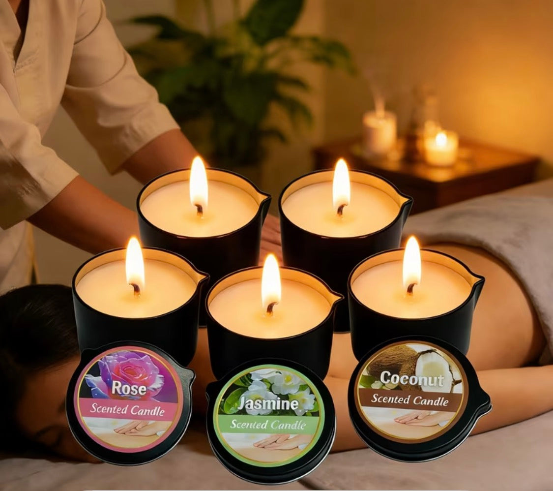 SCENTED CANDLES, Melts to Body oil, * 🌹 Romantic Rose Spa — roses, silk sheets, glowing candles
* 🥥 Tropical Coconut Escape — coconuts, palm leaves, golden sunset
* 🍊 Citrus Luxury — fresh orange slices, sparkling highlights, bright warmth
* 🌸 Jasmine