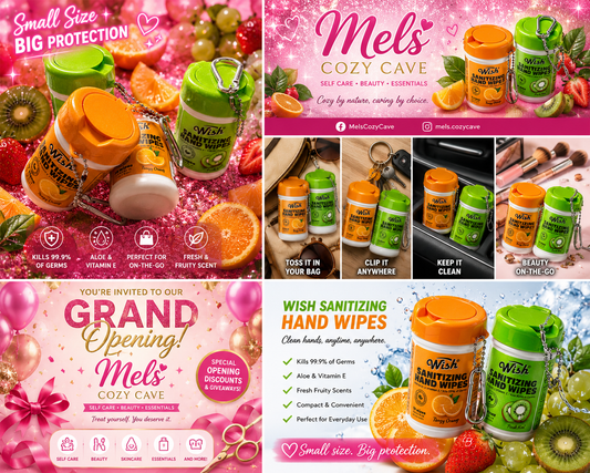 HAND WIPES ON THE GO,👜 “Clip it anywhere!” lifestyle  (purse, keys, backpack)
💖 
“Small Size. Big Protection. Freshness On The Go.” 💕🍊🥝
“Treat Yourself. Stay Fresh. Stay Cozy.” ✨