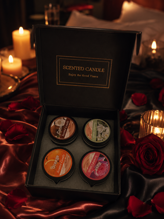 SCENTED CANDLES, Melts to Body oil, * 🌹 Romantic Rose Spa — roses, silk sheets, glowing candles
* 🥥 Tropical Coconut Escape — coconuts, palm leaves, golden sunset
* 🍊 Citrus Luxury — fresh orange slices, sparkling highlights, bright warmth
* 🌸 Jasmine